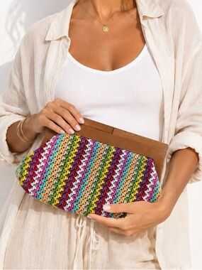 Expressions NYC Rainbow Woven Wood Frame Clutch Boho Resort